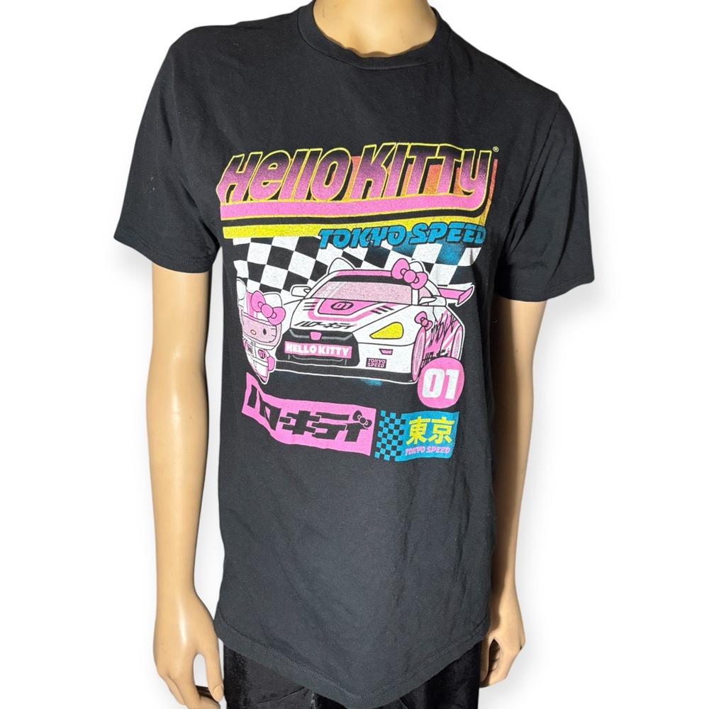 Hello Kitty Black Tee with Pink, Yellow & Blue Racing Graphic size M